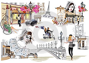 Set of Paris illustrations with fashion girls, cafes and sights. photo